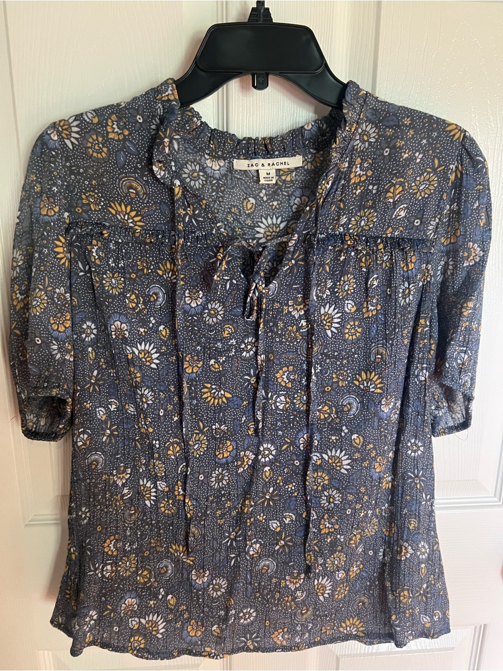 Zac & Rachel Navy Floral Tie-Neck Blouse
